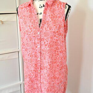 Sigrid Olsen M 100% Linen Printed Tank Dress Collared BEACH SUN DRESS Pink